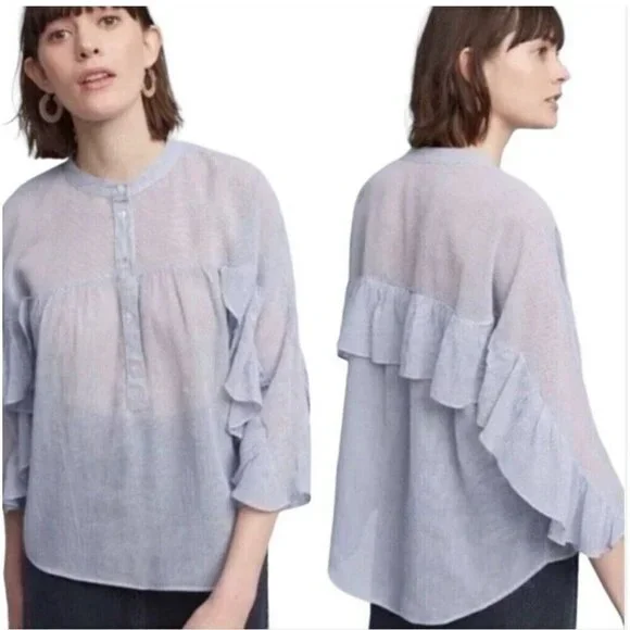 Maeve By Anthropologie Women’s Size Medium Popover Ruffled Blue Top Shirt Blouse - Picture 2 of 8